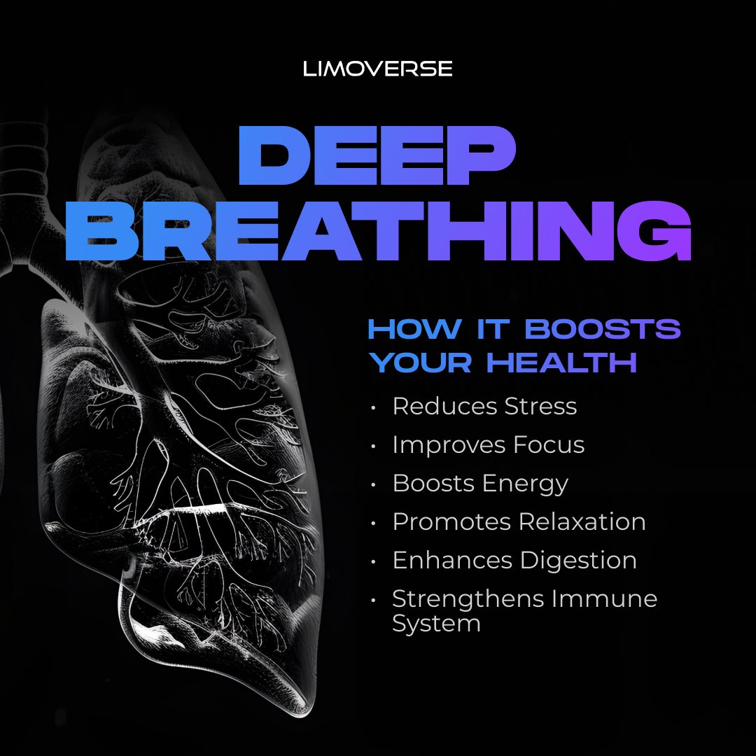 limoverseglobal's tweet photo. Feeling overwhelmed? 🌬️

Take a deep breath and unlock the power of #wellness. Deep breathing can reduce stress, boost energy, strengthen your immune system, and so much more. 🧘🏻‍♂️

Incorporate this simple practice into your daily routine for a healthier, happier you! 💪🏻 https://t.co/zNjotYlr3T