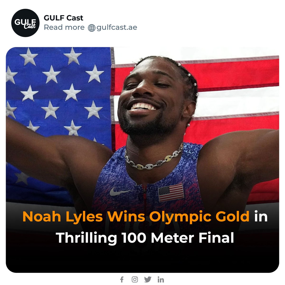 GulfCast's tweet photo. Noah Lyles Wins Gold!
Noah Lyles has proven he's the world's fastest man with a personal-best time of 9.784 seconds in the 100-meter final at the Paris Olympics!
Details: https://t.co/r4rRGKrtzH
#gulfcast #Olympics #NoahLyles #Paris2024 #GoldMedal #FastestManAlive #paris2024 https://t.co/CjVmCu6N3w