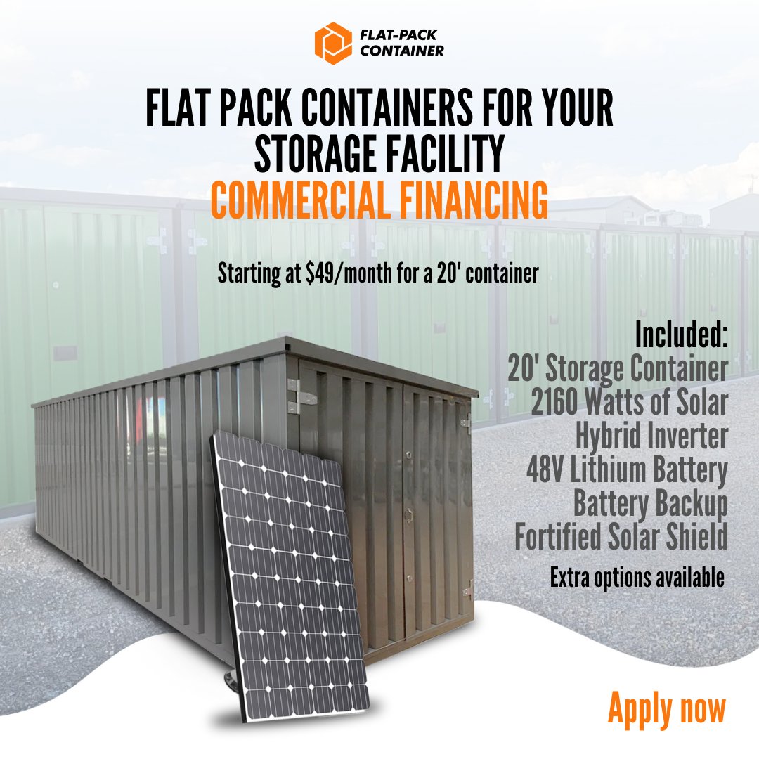 FPContainer's tweet image. ☀️ Unlock the power of solar energy with our Flat Pack Containers! 

Get yours today with financing starting at $49/month for a 20' container. 
💡 Save on energy, innovate in storage, and revolutionize your business.