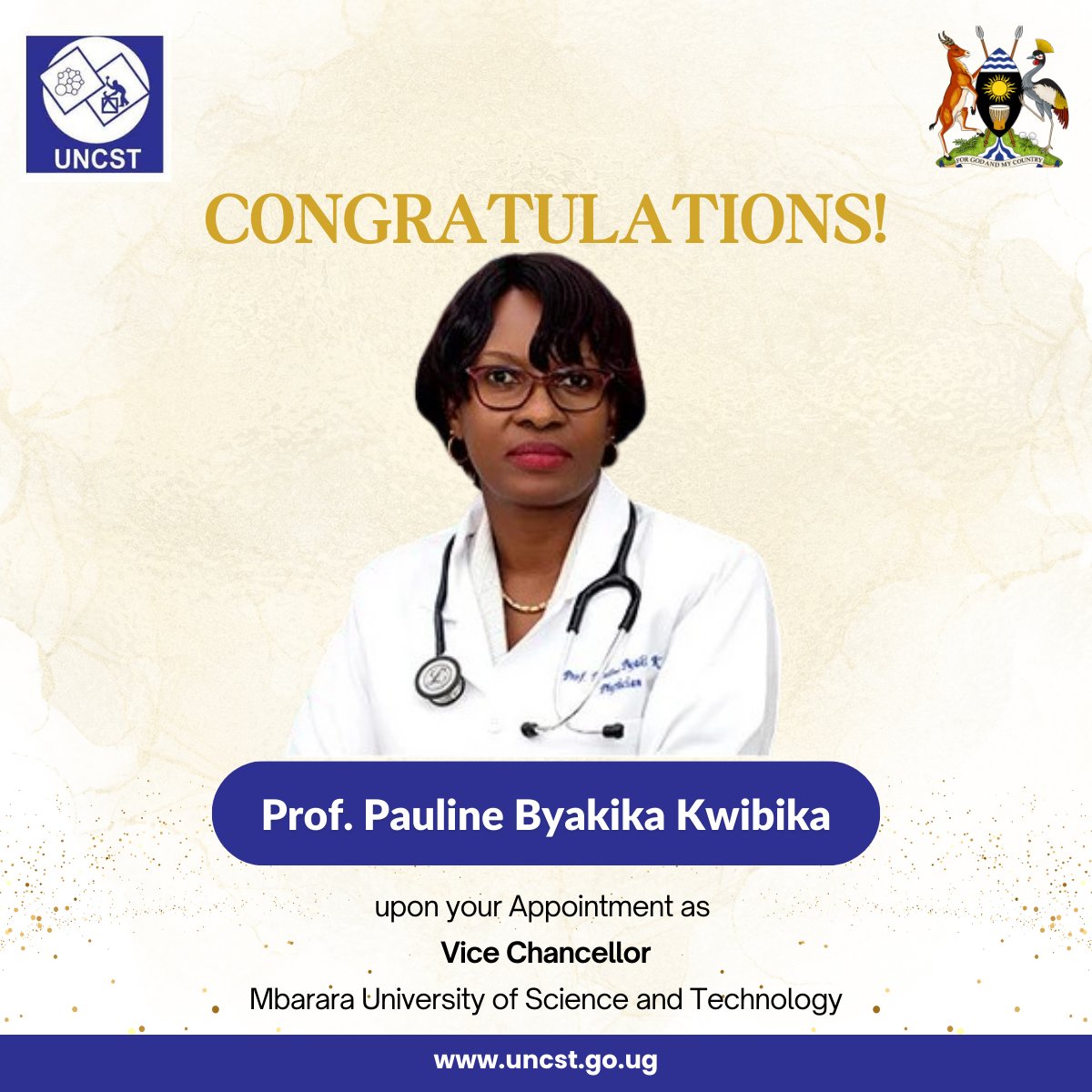 We congratulate Prof. Pauline Byakika Kwibika upon her appointment as the Vice Chancellor of <a href="/MbararaUST/">Mbarara University</a>
We are confident that under her stewardship, MUST will continue to flourish as a beacon of innovation, research, and academic distinction.