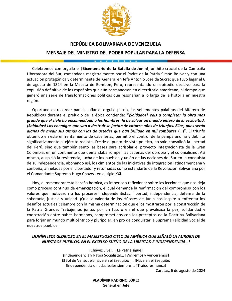 Mensaje de nuestro Ministro del Poder Popular para la Defensa, G/J Vladimir Padrino López <a href="/vladimirpadrino/">Vladimir Padrino L.</a>, en ocasión de celebrarse el Bicentenario de la Batalla de Junín. #PatriaSoberanaYPlena
