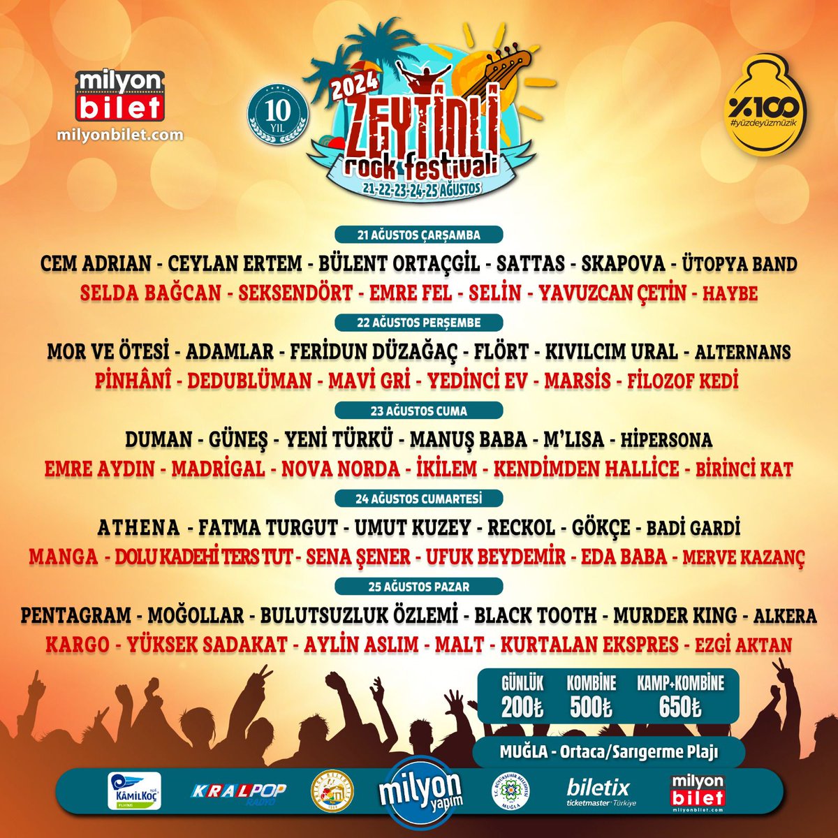 Zeytinli Rock Festivali yeni evinde, değişmeyen festival ruhu ve dev kadrosuyla! 

Türk Rock Müziğinin Geçit Töreni Zeytinli Rock Festivali 10.Yılında ! ✨🎊

Beş gün boyunca 21-22-23-24-25 Ağustos'ta,
Muğla Ortaca/Sarıgerme Plajı'nda, iki ana sahnesinde gerçekleşecek 60 Sanatçı