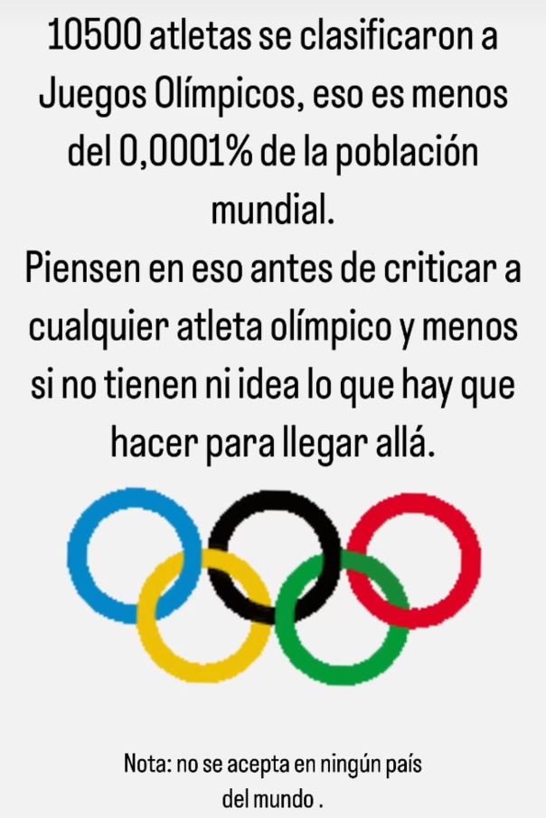 Los 48 deportistas representan a Chile en París 2024 constituyen aproximadamente el 0.00025% de la población total de Chile. Si usted cree que puede ir a los JJOO esta cordialmente invitado a hacerlo, posterior a eso puede criticar todo lo que quiera.