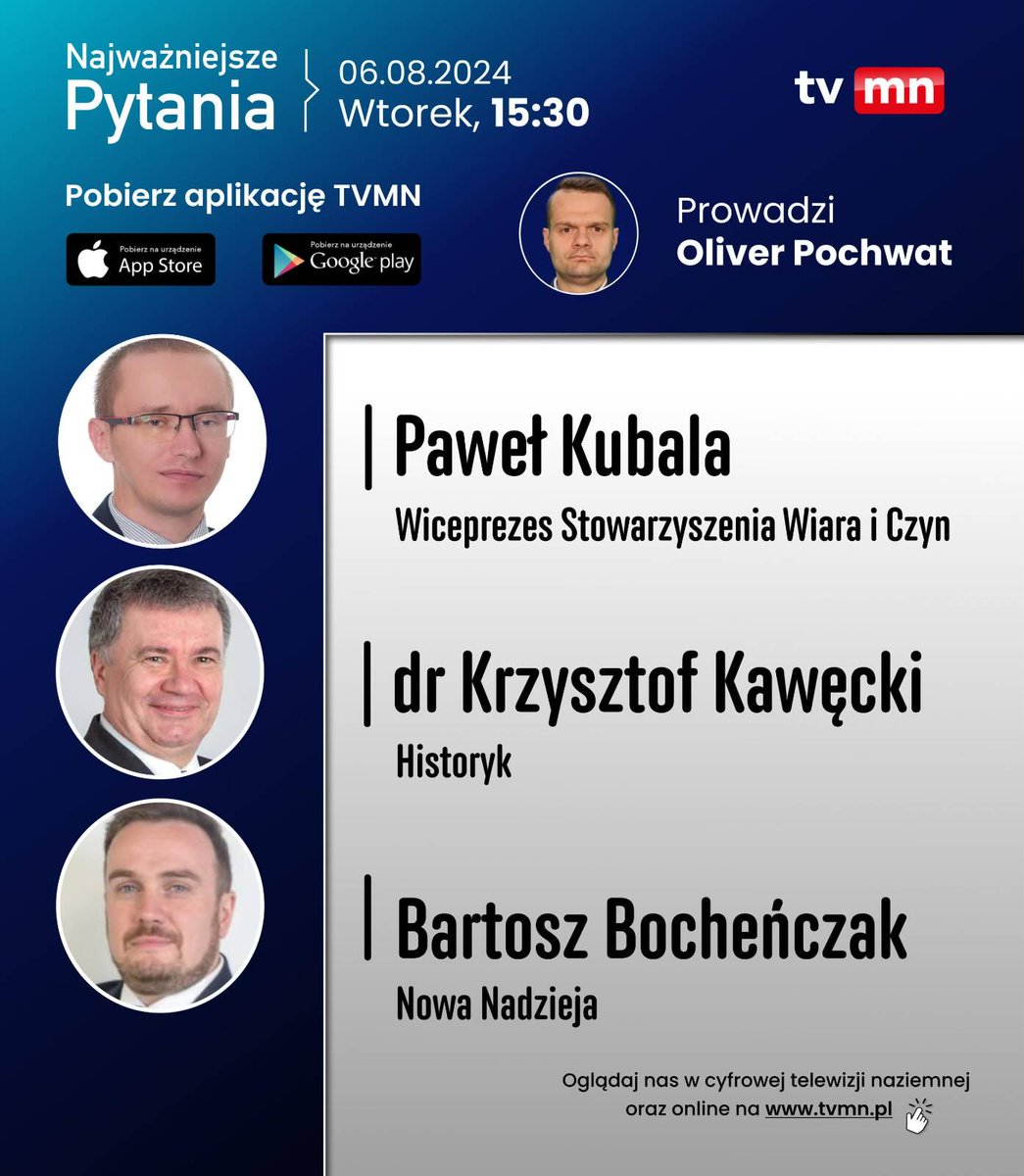 TVMediaNarodowe's tweet photo. Dziś w #TVMN u red @Oli_Pochwat gośćmi będą: @Pawel_Kubala, @PrawicaKawecki i @BBochenczak
📺Włącz w TV kanał nr 55 lub oglądaj online: https://t.co/LGlwdGeTa7 https://t.co/BDrWqUbgr3