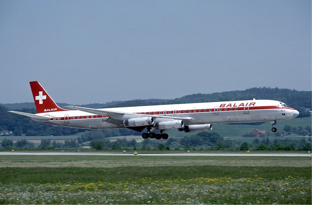 ClassicsPlanes's tweet photo. A Balair DC-8-63 seen here in this photo at Zurich Airport in May 1985 #avgeeks 📷- Eduard Marmet https://t.co/Ymry0wGCMj