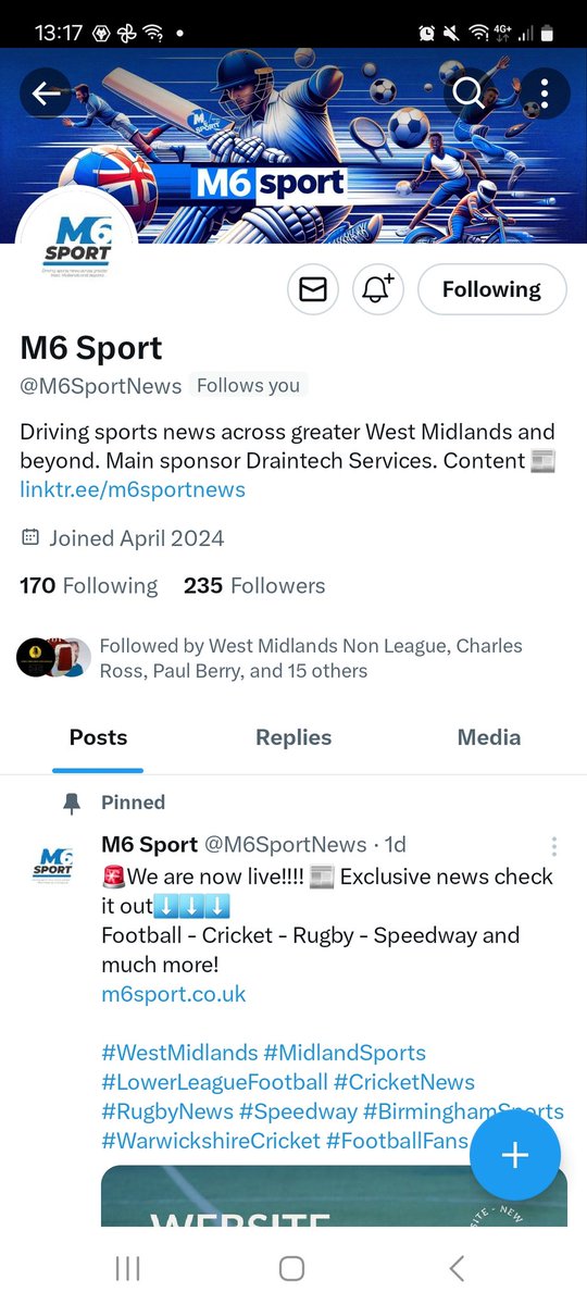 West Midlands sports fans should give this site a follow if they want to keep up to date with local sports - especially grassroots. Good luck  <a href="/M6SportNews/">M6 Sport</a> !