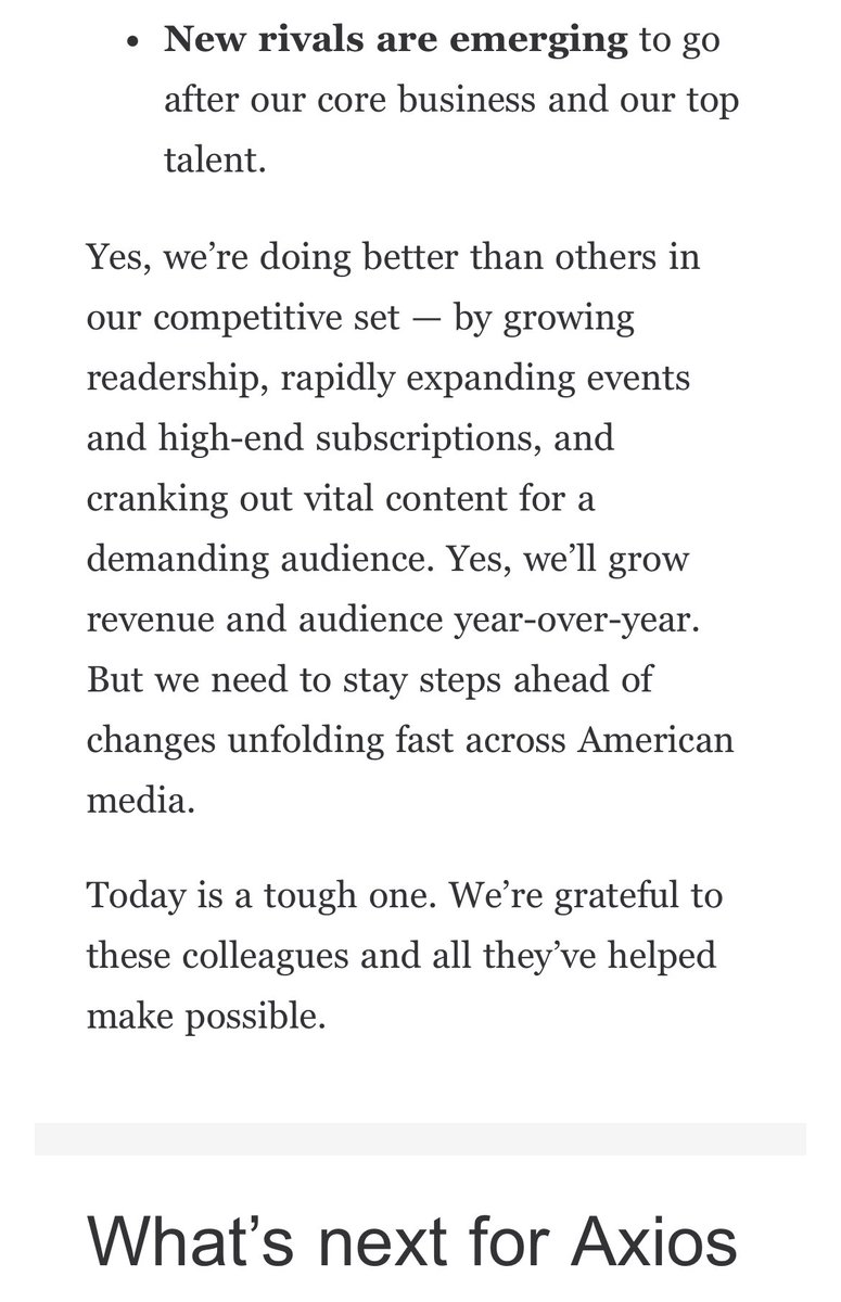 NEW: Axios is laying off 50 people across the company. CEO <a href="/JimVandeHei/">Jim VandeHei</a> just sent out this note — which says the layoffs are because of “changes in the media business”