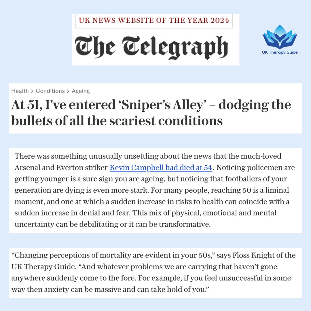 UKTherapyGuide's tweet image. 🌟 Floss Knight, founder of UK Therapy Guide, featured in The Telegraph! 📰

🔍 Discussing the reality of "Sniper’s Alley"—the challenging decade of middle age. As Kevin Campbell’s passing at 54 highlights, this period is rife with health risks and existential questions.