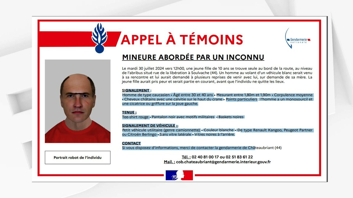 BFMTV's tweet photo. Loire-Atlantique: une enfant de 10 ans abordée par un inconnu, la gendarmerie diffuse un portrait-robot
https://t.co/evQTRKSS9k https://t.co/6enNZW9sLV