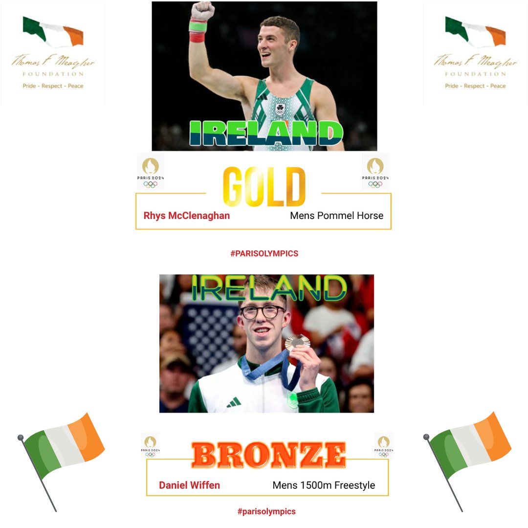 ☘️☘️🇮🇪 Big congratulations to Rhys McClenaghan who wins historic Olympic gold medal for Ireland in the Mens Pommel Horse and Daniel Wiffen who takes home a Bronze in the Mens 1500m Freestyle Swimming. #Olympic2024 #Ireland #workingtogether #pride #respect #peace #flagday2024
