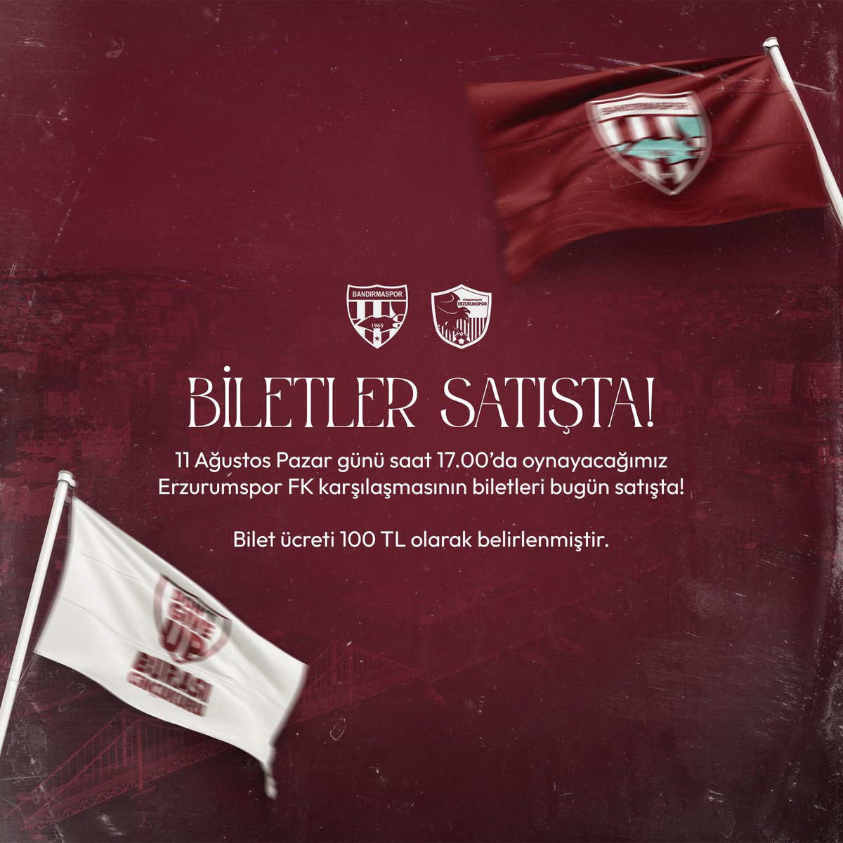 HAYDİ BÜYÜK BANDIRMASPOR TARAFTARI! 🔥

Yeni sezonun ilk resmi karşılaşmasında Bandırma 17 Eylül Stadyumu’nda hep birlikte olalım. 💪🏻

🛒 Bilet satın almak için 👉 shorturl.at/a5GU5
