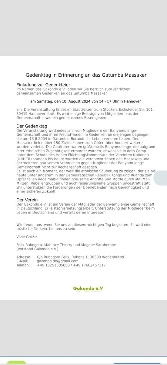 Einlandung zur Gedenkveranstaltung in Hannover.<a href="/BMI_Bund/">Bundesministerium des Innern</a> <a href="/GermanyDiplo/">GermanForeignOffice</a> <a href="/hrw/">Human Rights Watch</a> <a href="/amnesty_de/">Amnesty Deutschland</a> <a href="/kongoecho/">Dominic Johnson</a> <a href="/UNOSAPG/">UN Genocide Prevention</a> <a href="/jumuiya/">East African Community</a> <a href="/GfbV/">Gesellschaft für bedrohte Völker (GfbV)</a> @FlueRat_Nds