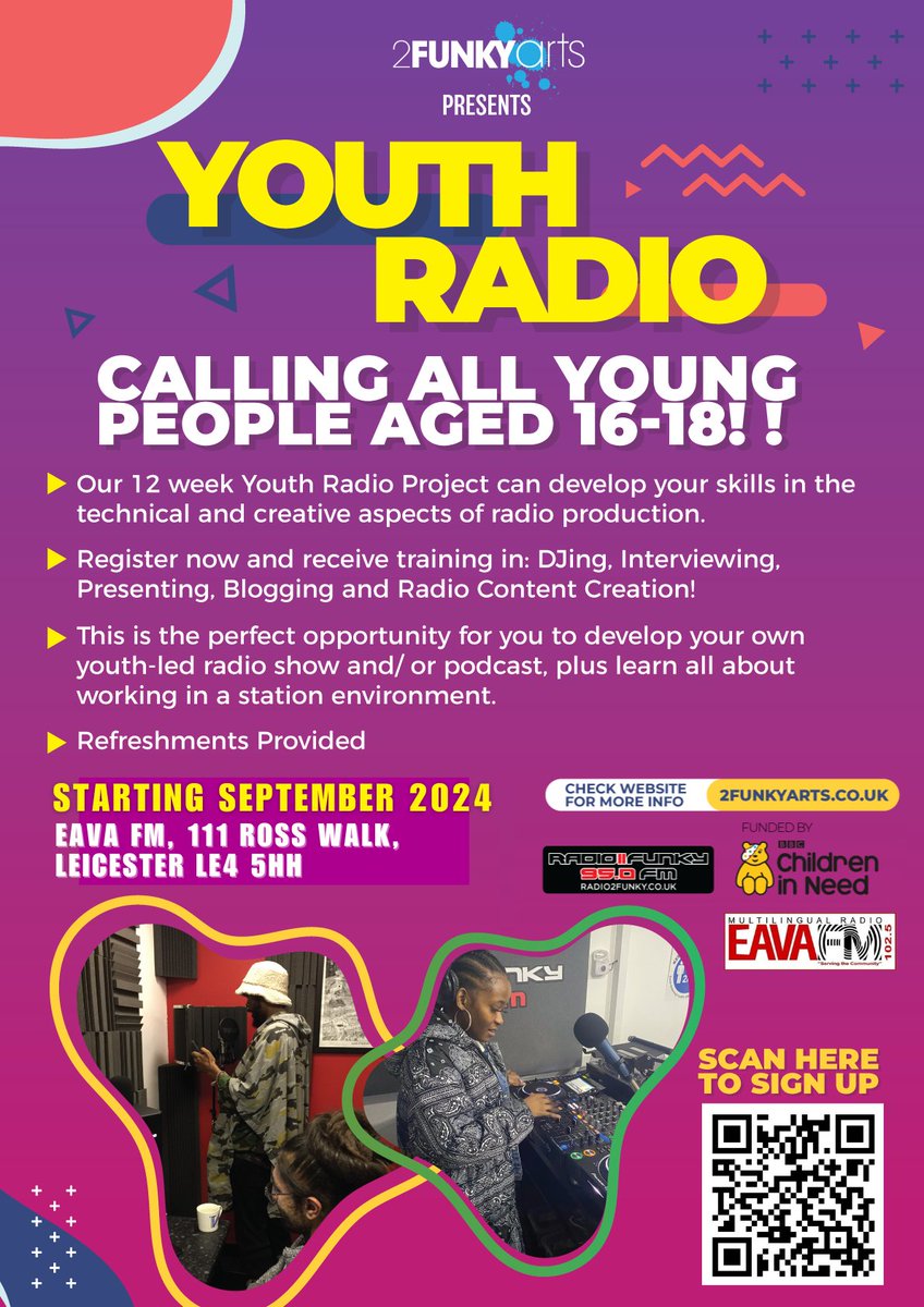 Youth Radio is a free 12 week project that will help you learn and develop skills in DJing, radio content creation, presenting, blogging, radio production &amp; more!

Applications open to 16-18 yrs
To apply visit - forms.gle/cYLcxXbBXd5xmn…

Location – <a href="/eavafm/">EAVA FM 102.5</a>
Funded by <a href="/BBCCiN/">BBC Children in Need</a>