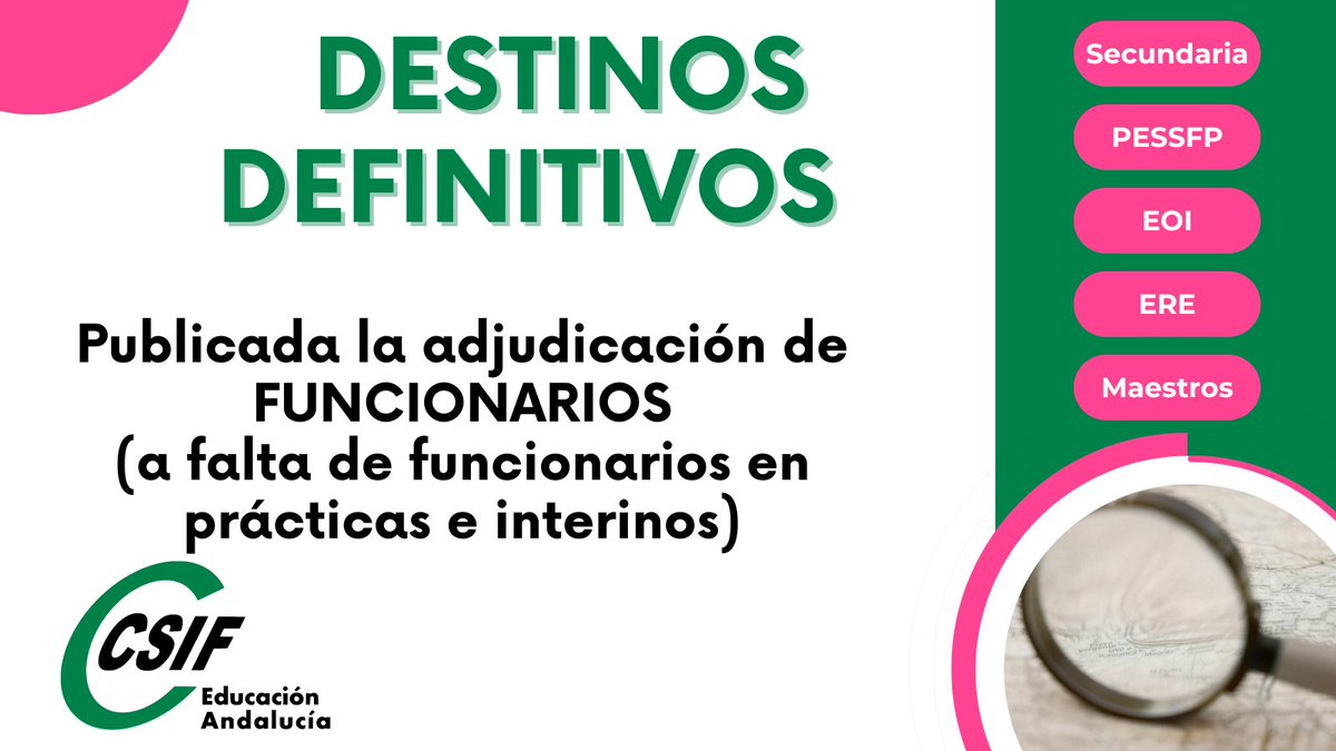 CSIFenseA's tweet photo. 🚩 Colocación de Efectivos: Destinos Definitivos de los Cuerpos de Maestros, Secundaria, FP, EOIs y EREs

💼💼  La Consejería ha publicado la Colocación de Efectivos para los Cuerpos  de Maestros, Secundaria, PTFP, EOIs, EREs de FUNCIONARIOS (a falta de  funcionarios en prácticas, interinos y comisiones de servicio  intercomunitarias que saldrán una vez que se publique la resolución  provisional de bolsas).

🗓️🗓️ Se abre plazo a partir de mañana 07 de agosto para:
- Solicitudes de renuncia a la reducción de jornada. Plazo: 5 días hábiles.

ℹ️ℹ️ Más Información
https://t.co/EtFqyp8vK6

💚 CSIF Educación Andalucía - #StopBurocracia