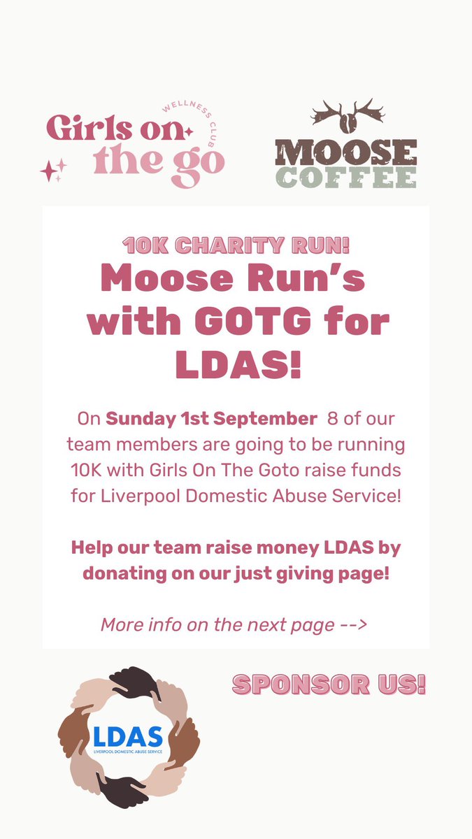 moosecoffee's tweet image. 📢 Exciting news! On Sunday, September 1st, eight of our team members are running the Sefton Women's 10K with Girls on the Go to support the Liverpool Domestic Abuse Service (LDAS). 🏃‍♀️

We greatly appreciate any donations to help us raise funds 🙏

justgiving.com/page/moose-cof…