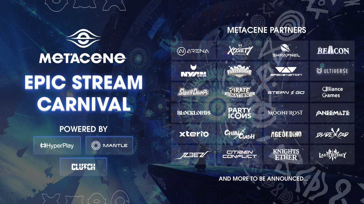 MetaCene: Gold Rush Epic Stream Carnival 🎮 

We're excited to form strong alliances with 24 leading projects across the industry! 

🌟 Rewards Galore! Tune in to the livestream or participate in events hosted by our partners to claim your rewards. 

🕹 Download Now &amp; Play! Begin
