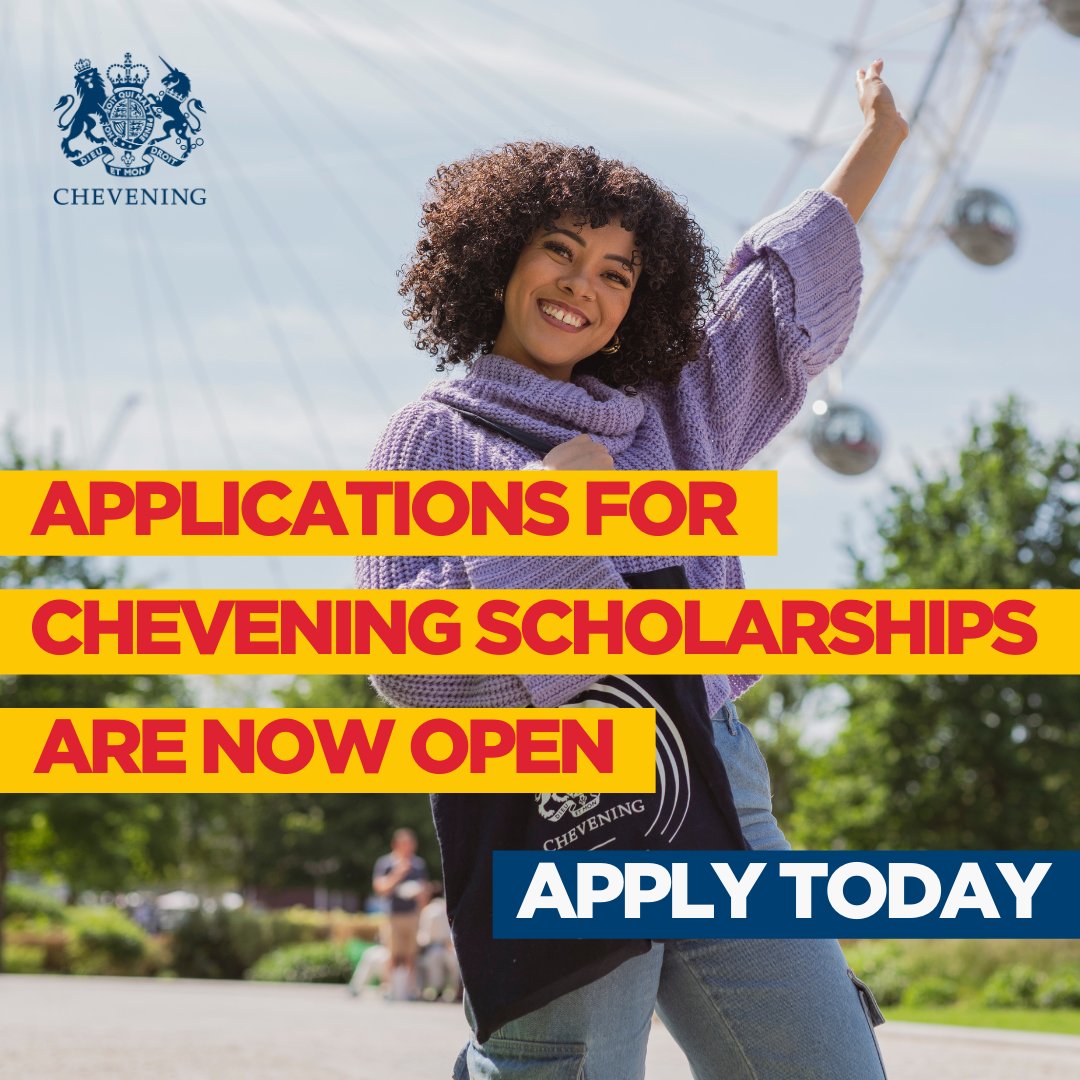 📣 Applications for #Chevening Scholarships are now open! 🤩

Study at a top UK university, embark on a tailored scholarship experience, and join a global leadership network for life!

Submit your application by 5 November 👉 chevening.org/apply

#ChooseChevening