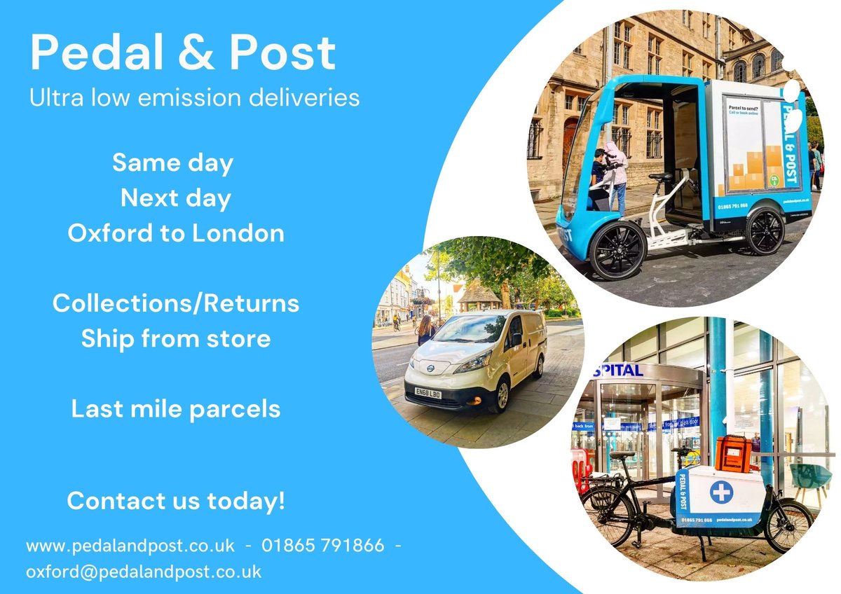 PedalandPost's tweet image. From small parcels to pallets, Pedal &amp;amp; Post offers reliable, quick same day and next day deliveries. Our fleet of fully electric cargo bikes and vehicles ensures ultra low emission and sustainable deliveries across the South east and Oxfordshire!

👍📦💙🚴‍♂️🌳