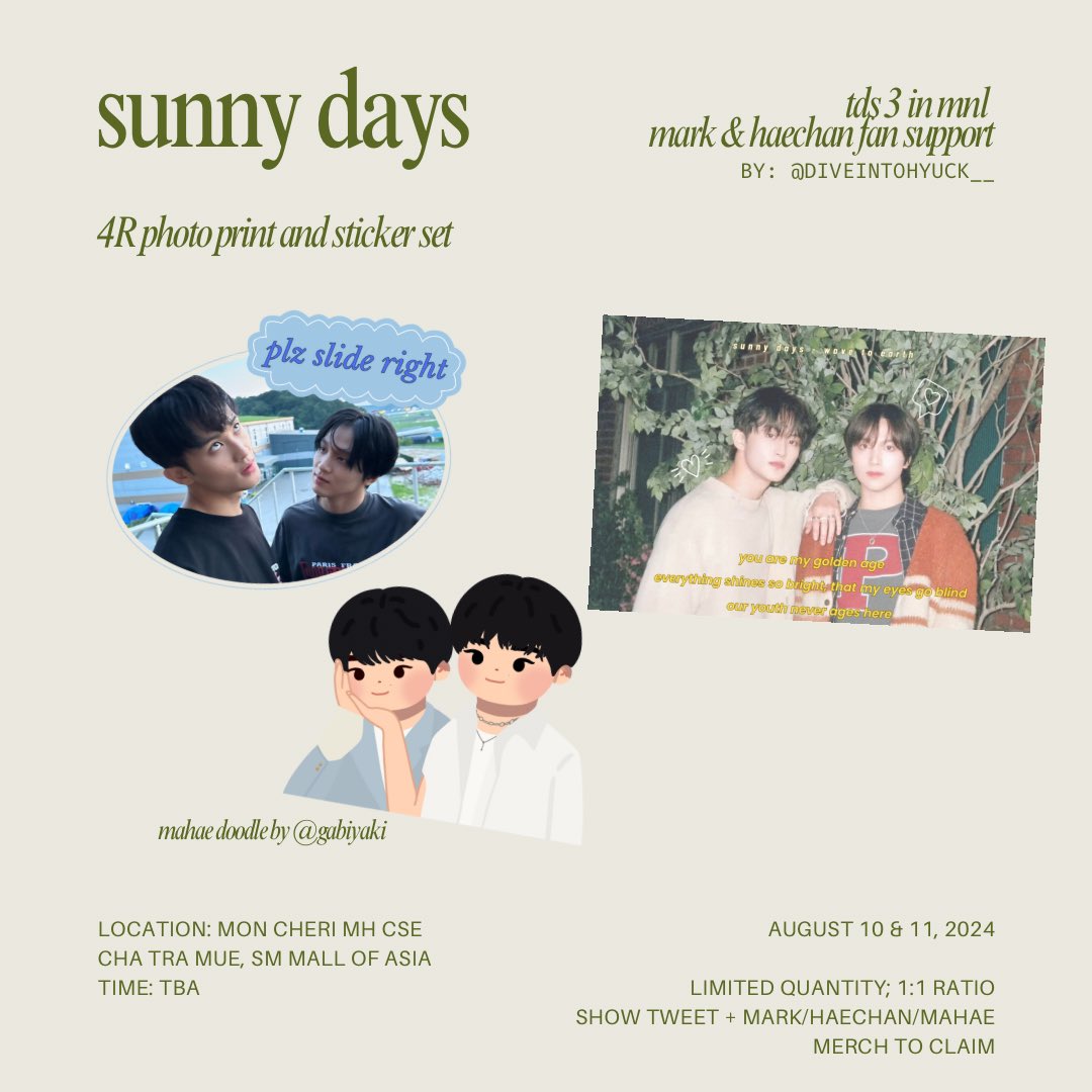 diveintohyuck__'s tweet image. 𝙨𝙪𝙣𝙣𝙮 𝙙𝙖𝙮𝙨 ☀️
tds3 in mnl mahae fan support by @diveintohyuck__

 ☆ stickers &amp;amp; photo print set

𖦹 limited qty, 1:1
𖦹 like &amp;amp; rt
𖦹 aug 10 &amp;amp; 11; loc: mon chéri MH cse; time tba
𖦹 full deets on pubmat

#THEDREAMSHOW3_in_MANILA #NCTDREAM_THEDREAMSHOW3_in_MNL