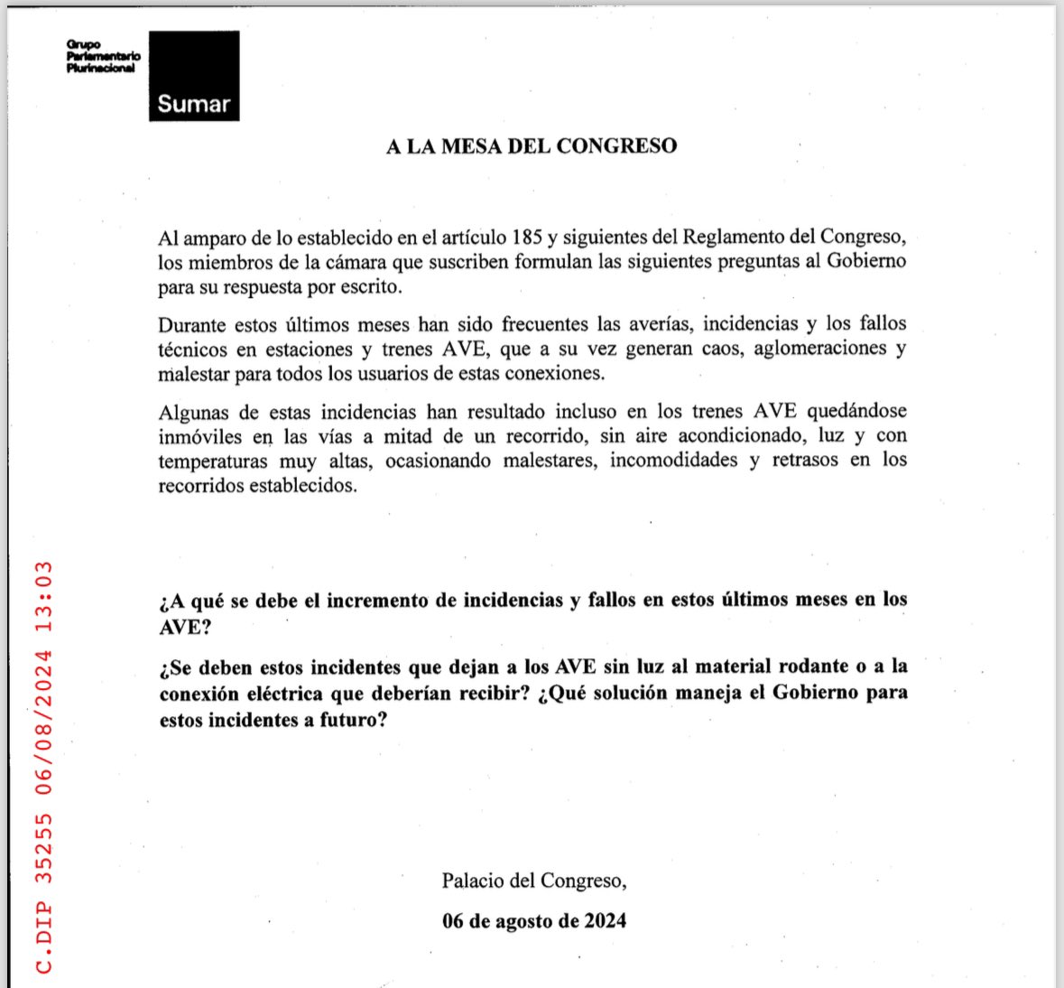 Desde <a href="/sumar/">Sumar</a> hemos preguntado qué esta sucediendo estos últimos meses con el incremento de incidencias y fallos en la circulación de los trenes de Alta Velocidad.
✔️Si el ministro confirma que es el material rodante de la empresa Talgo, naturalmente, nos sumamos a la reclamación.