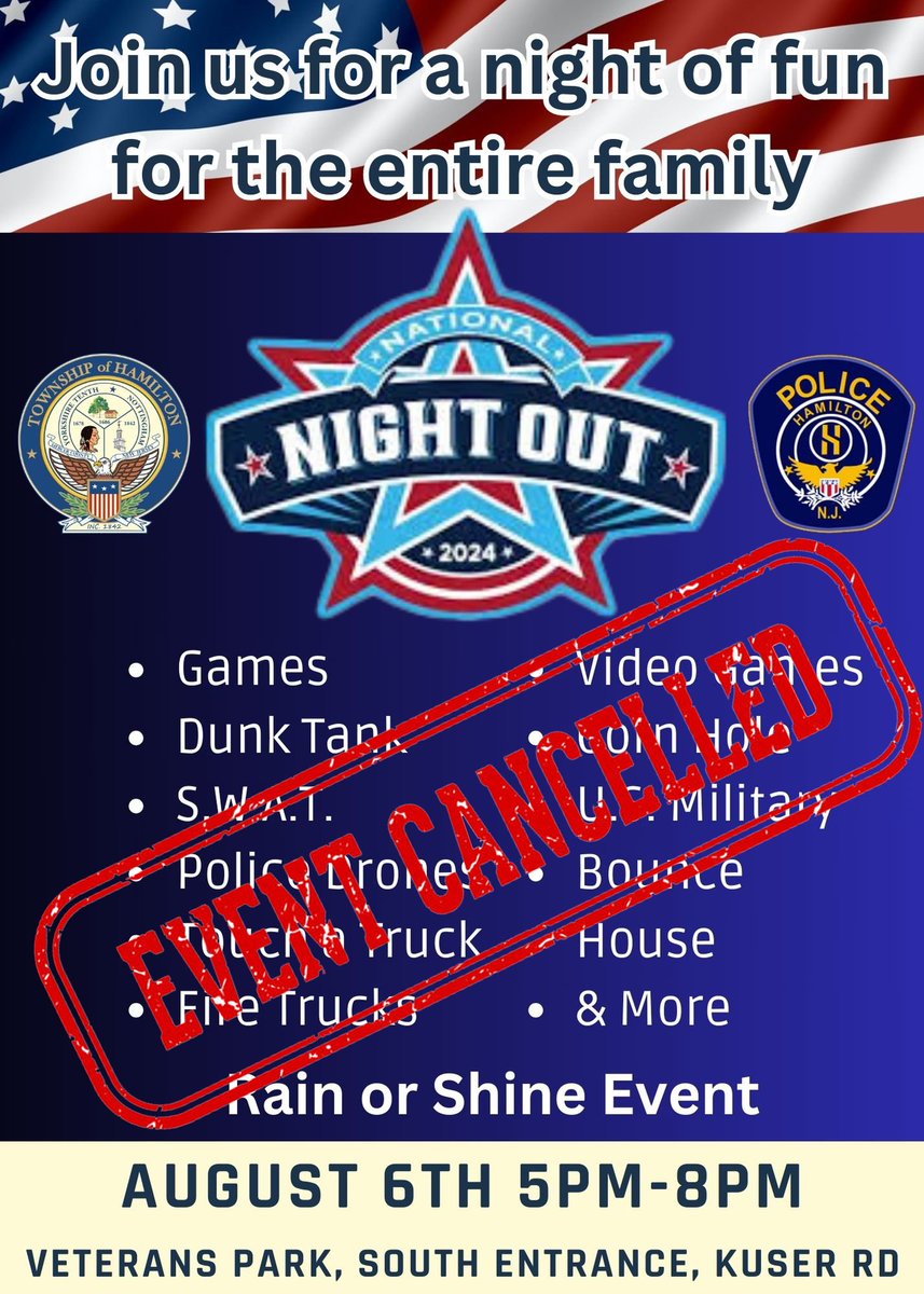 Due to the bad weather and flood watches predicted by the National Weather Service, Hamilton Township's National Night Out event is cancelled for tonight; Tuesday August 6th. There is no rain date for this event.