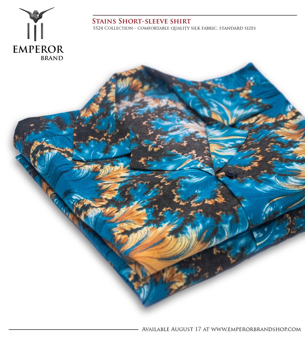 Emperorbrand's tweet photo. The Stains short sleeve shirts, made with quality silk fabric that is breathable and comfortable on skin. It will be available on our online store and flagship store on 17 August. #emperorbrand #ss24collection #emperorbrandss24collection https://t.co/UAl1xo11Ff