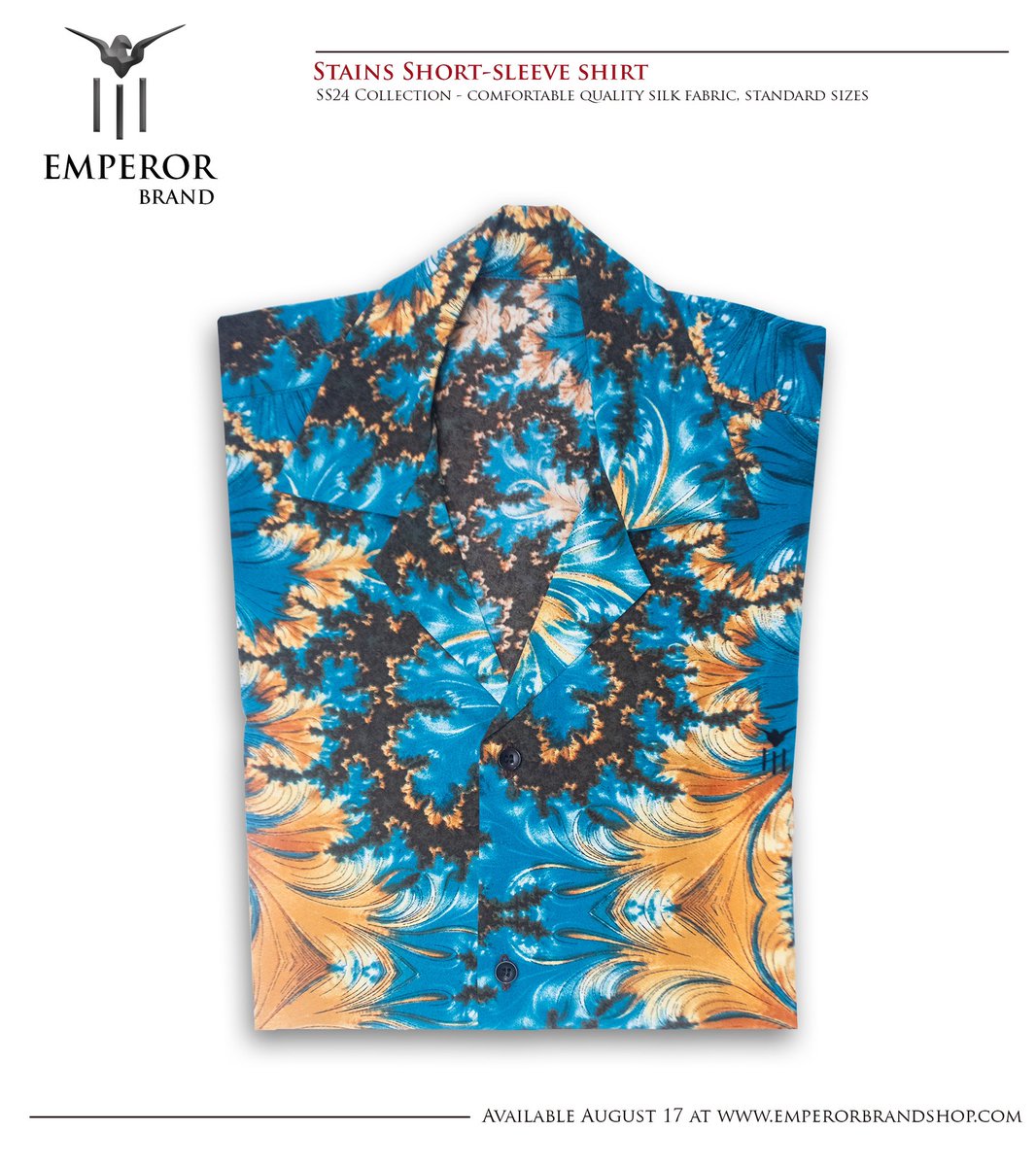 Emperorbrand's tweet photo. The Stains short sleeve shirts, made with quality silk fabric that is breathable and comfortable on skin. It will be available on our online store and flagship store on 17 August. #emperorbrand #ss24collection #emperorbrandss24collection https://t.co/UAl1xo11Ff