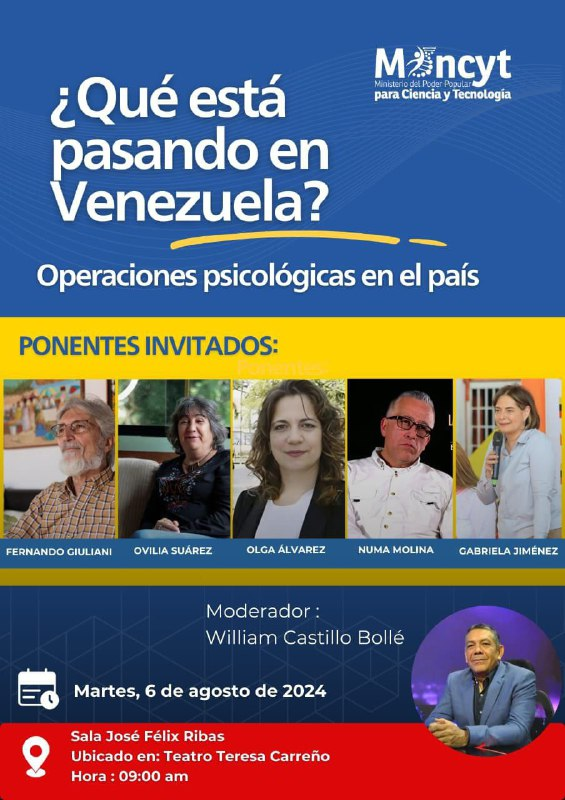Este martes #6Ago en la Sala José Félix Ribas del <a href="/teresacarreno/">Teatro Teresa Carreño</a> para compartir reflexiones y análisis sobre la actual guerra psicológica que vive Venezuela, tras la reelección del presidente <a href="/NicolasMaduro/">Nicolás Maduro</a> #LoQueDigaNicolás #Infocentro <a href="/Gabrielasjr/">Gabriela Jiménez</a> <a href="/LaRosaInfoVE/">LaRosaInfoVE</a> <a href="/brigadasCHCH/">Brigadas comunicacionales Hugo Chávez</a>