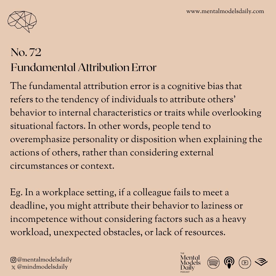 mindmodelsdaily's tweet image. &quot;Is it them or their circumstances? Understand the &apos;Fundamental Attribution Error&apos; to judge situations more fairly. 🧠👥 #FundamentalAttributionError #MentalModels #Psychology #SocialPerception #Bias #Empathy&quot;