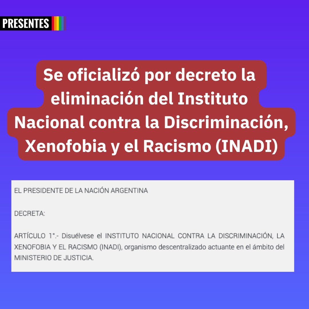 🇦🇷💥La eliminación del Instituto Nacional contra la Discriminación, Xenofobia y el Racismo (INADI) fue anunciada por el presidente en febrero de este año y hoy a través de un decreto se terminó de concretar.

✒️En el Decreto 696/2024 además explican que los recursos asignados a