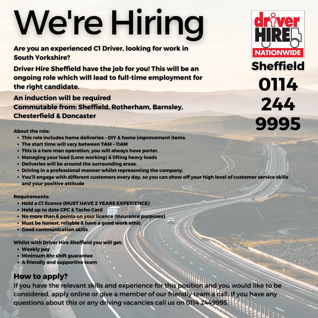 DriverHireSheff's tweet image. We are on the lookout for experienced C1 drivers who are looking for a new role. The role will lead to full-time employment for the right person. What are you waiting for? Give us a call on 01142449995 for more info.
#drivingwork #recruitingnow #logistics #drivingjobs #driverhire