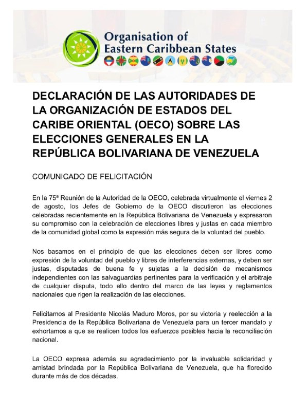 #6AgoAutoridades de la Organización de Estados del Caribe Oriental (OECO) felicitan al presidente <a href="/NicolasMaduro/">Nicolás Maduro</a> y han expresado su compromiso y solidaridad con el pueblo venezolano #LoQueDigaNicolás #Infocentro <a href="/Gabrielasjr/">Gabriela Jiménez</a> <a href="/LaRosaInfoVE/">LaRosaInfoVE</a> <a href="/brigadasCHCH/">Brigadas comunicacionales Hugo Chávez</a> <a href="/InfocentroOce/">Infocentro_Vzla3</a>