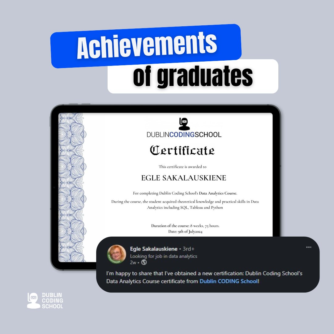 DublinCoding's tweet image. A huge congratulations to Egle for graduating from the Data Analytics course! Your journey of hard work and determination has led you to this incredible achievement. Wishing you all the best as you dive into the exciting world of data! 📈🎉

#dublincodingschool #dataanalytics