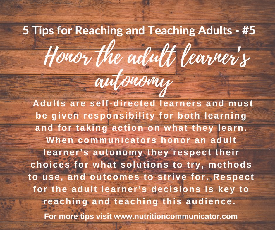 NCommunicator's tweet image. This week&apos;s #TipsOnTuesday wraps up this series on reaching and teaching adults. It reminds us to honor our adult audiences&apos; autonomy. Have you put these tips into practice?
#CommunicationTips #communicatingnutrition