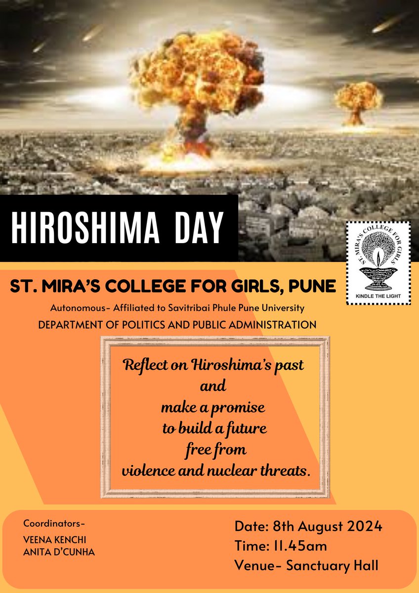 StMirasCollege's tweet photo. Dept of Politics present : Reflecting on Hiroshima’s past to build a future free from violence and nuclear threats. Join us on August 8th at Sanctuary Hall. 🌸 

#HiroshimaRemembered #PeaceForTheFuture #NeverAgain #stmirascollege #lifeatmiras #StMirasCollege https://t.co/Uxz2fMlxzl