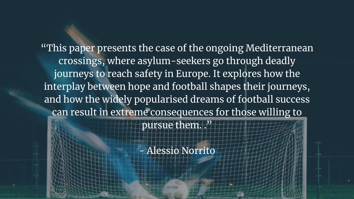 Check out our latest open access research article 🔓

Between hope and cruel optimism? The dangers and possibilities of football in fostering hope for male refugees.

tandfonline.com/doi/full/10.10…

#leisure #leisurestudies #football #malerefugees