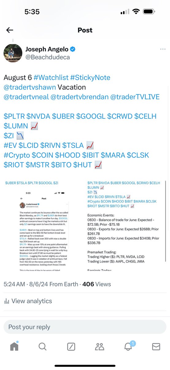 Beachdudeca's tweet photo. August 6 #Watchlist #MyFocus
$KOLD $YANG $TSLA $COIN
$SPX $SOX $QQQ 📉 🪙 🤔
$CELH $LUMN $MPC $PLNT $TGTX $KVUE $CEG $UBER $CAT $LCID $PLTR
$NVDA $AMD $INTC
$AAPL $META $MFST $GOOGL $AMZN
$CCL $RCL $NCLH $CZR
$NEM $COPX $AA $SLV $CLSK
$HOOD
$ZI $TDC https://t.co/EgEMydEToK