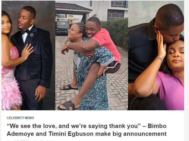 GistnewsNg's tweet photo. We see the love, and we’re saying thank you” – Bimbo Ademoye and Timini Egbuson make big announcement
https://t.co/3sLqRtzgHP
#leaked #Mistakenly #EndBackGovernanceProtest
#Kaduna #SSandSE #CongratulationsNigeria #Tiwa
#dejong #Obasanjo #Osimhen #Subsidy #AriseTV https://t.co/znRo8cjkdq
