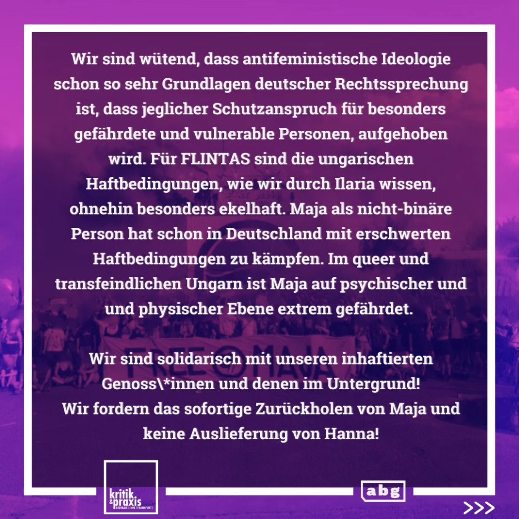 Solidarität mit Maja, Hanna &amp; Tobi!
Freiheit für alle inhaftierten #Antifas !
Glück den Untergetauchten!
Kommt zur #Kundgebung am 22.08/ 18 Uhr/ #Konstablerwache 
Anschließend Barabend im Klapperfeld.
#Solidarität #Frankfurt #Budapest 
#Antifascist