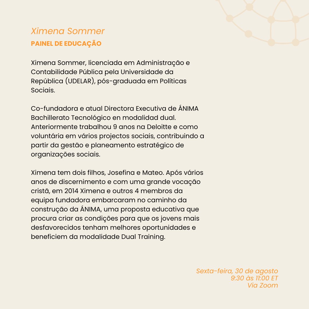 Hoy presentamos a Ximena Sommer, que formará parte del panel de educación y transformación sistémica. Ximena es co-fundadora y actual Directora Ejecutiva de ÁNIMA.

✍️ Inscripciones abiertas, link aquí: lnkd.in/d9bt6nWS

📲 Más info economiainclusiva.net