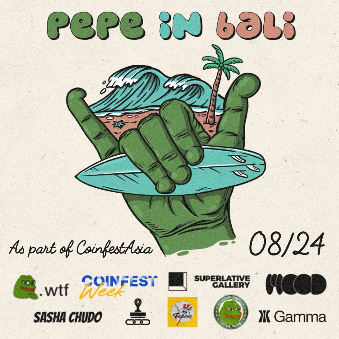 Who’s in Bali this month?? 🌞🌴🐸🏄‍♀️

<a href="/camski/"></a> and I are curating the Pepe in Bali exhibition at <a href="/sssgallery/">Superlative Gallery</a> in collaboration with <a href="/pepe__wtf/">pepe.wtf</a> <a href="/trygamma/">Gamma.io</a> <a href="/BTCStampArt/">Everything Bitcoin Stamps Art 🎨</a> <a href="/pepecoins/">Pepecoin</a> &amp; <a href="/FAKERARES_XCP/">🐸🐸🐸FAKE RARES🐸🐸🐸</a> 🌊🎨🔥

Our closing party will be an official side event of <a href="/CoinfestAsia/">Coinfest Asia</a>! Comment to
