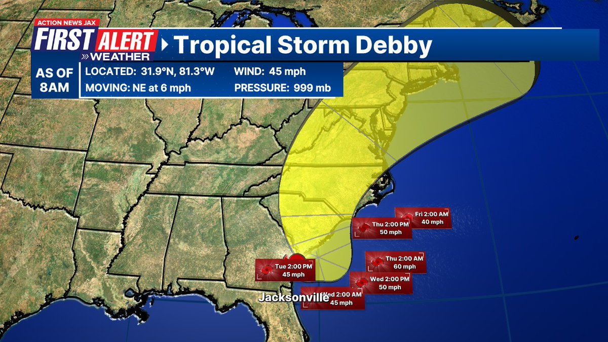 MikeFirstAlert's tweet photo. #firstalertwx "Talking the Tropics With Mike": https://t.co/LaKKWsT4lx - more rain on the way for parts of NE Fl./SE Ga. as #Debbi heads for the W. Atlantic @ActionNewsJax @WOKVNews ... very heavy rain & tornado threat continues for the parts of the Carolina's https://t.co/4fOgvYaYRq