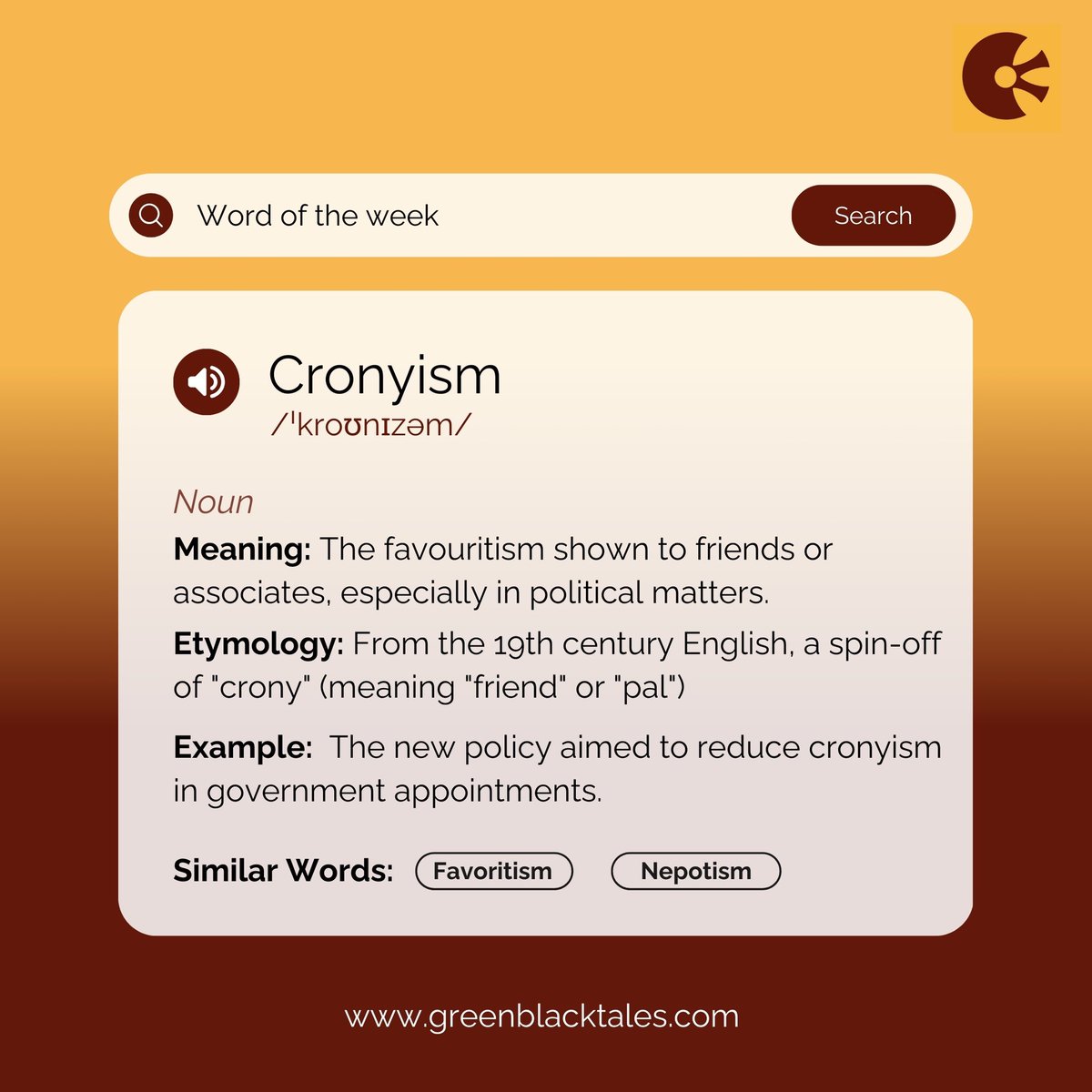 GreenBlackTales's tweet photo. The term "cronyism" evolved from "crony" in the 19th century. Initially, it simply referred to friendship or the ability to make friends. However, by the 20th century, the word acquired a negative connotation, specifically referring to the practice of  1/1 https://t.co/D7MAuzFfKp