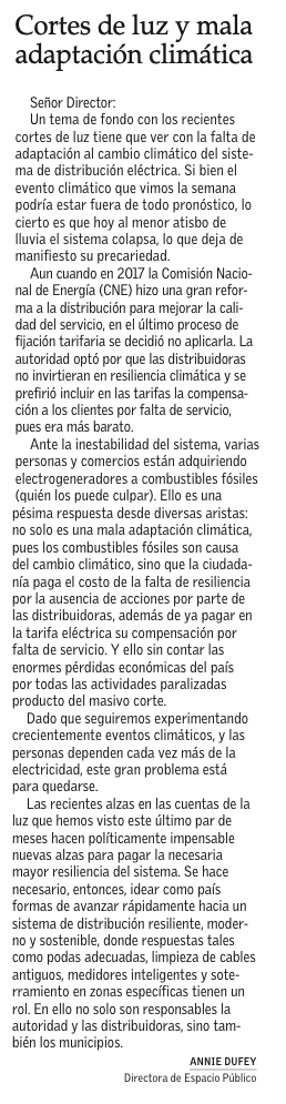 💡 A propósito de los cortes de luz, nuestra directora <a href="/anniedufey/">Annie Dufey</a> remarca la importancia de invertir en resiliencia climática: "Como país, se hace necesario idear formas de avanzar rápidamente hacia un sistema de distribución resiliente, moderno y sostenible" @ElMercurio_cl👇🏽