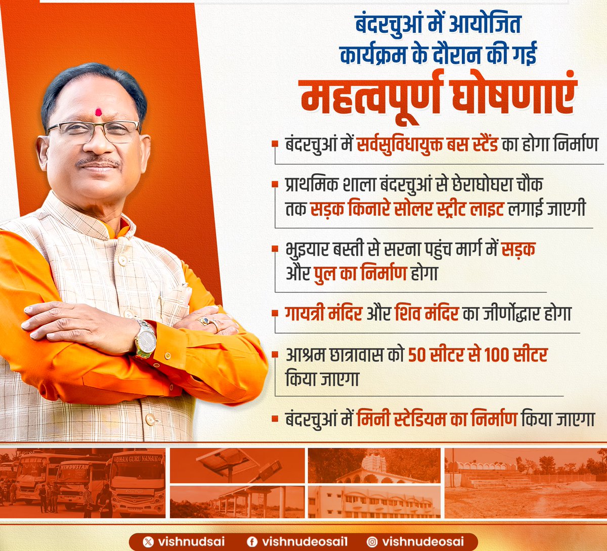 आज बंदरचुआं में आयोजित कार्यक्रम के दौरान आमजन की विभिन्न मांगों के अनुरूप कई विकास कार्यों की घोषणा की है।

 बंदरचुंआ में सर्व सुविधायुक्त बस स्टैंड, मिनी स्टेडियम का निर्माण, गायत्री मंदिर एवं शिव मंदिर के जीर्णोद्धार का कार्य किया जायेगा।

जनविश्वास के साथ हमारी सरकार विकास के
