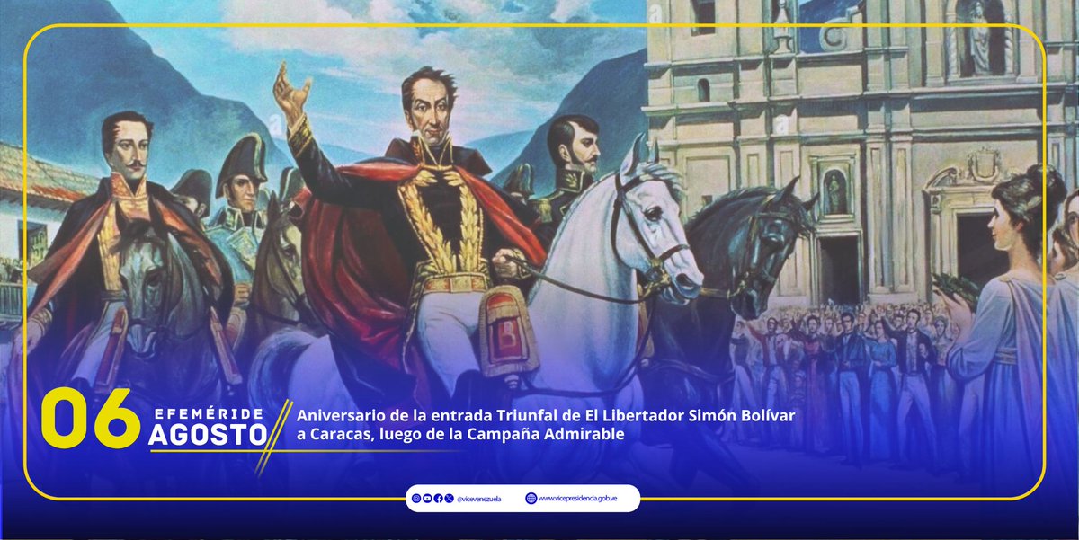 #Efemérides || El #06Ago de 1813 entra Simón Bolívar triunfalmente en Caracas, coronando con el éxito la Campaña Admirable. Esta campaña se había iniciado el 14 de mayo de 1813 y fue una acción militar con el objeto de liberar a Venezuela del poder español.

#06Ago