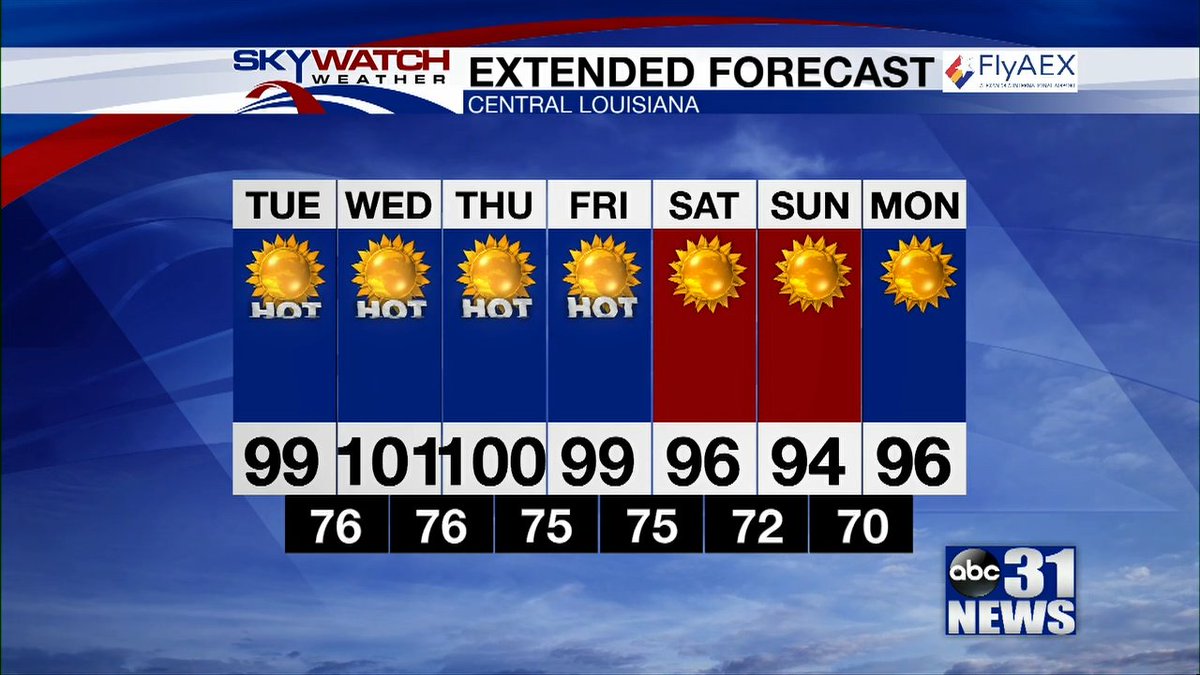 Today - Sunny and hot, with a high near 98. Heat index values as high as 105. Calm wind becoming northwest around 5 mph.
Tonight - Mostly clear, with a low around 75. Calm wind becoming west around 5 mph.