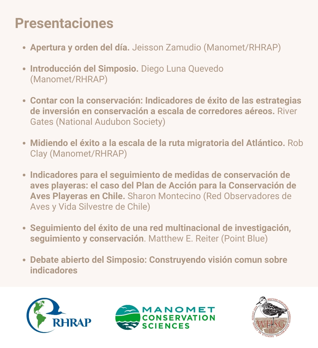 avesplayeras's tweet photo. Si estás participando de @WHSG2024 no te pierdas este Simposio organizado por @diegolunaq &amp; @jeissonzamudio de @ManometCenter. Se parte de la discusión sobre indicadores de impacto para conservación de aves playeras. Registro en https://t.co/OLCZSVH7v1 #avesplayeras https://t.co/FqQ4Jb5TUh