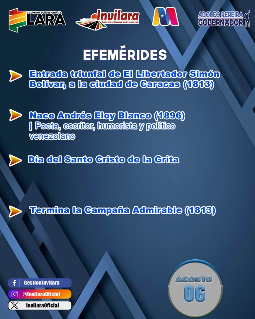 #06Ago
#efemérides

Valorar el pasado es reconocer las luchas y logros de quienes nos precedieron

<a href="/gobiernodelara/">gobiernodelara</a>
@adolfopereiragobernador
@secreatariaopsv
<a href="/torresgw/">Cnel WILFREDOTORRES</a>