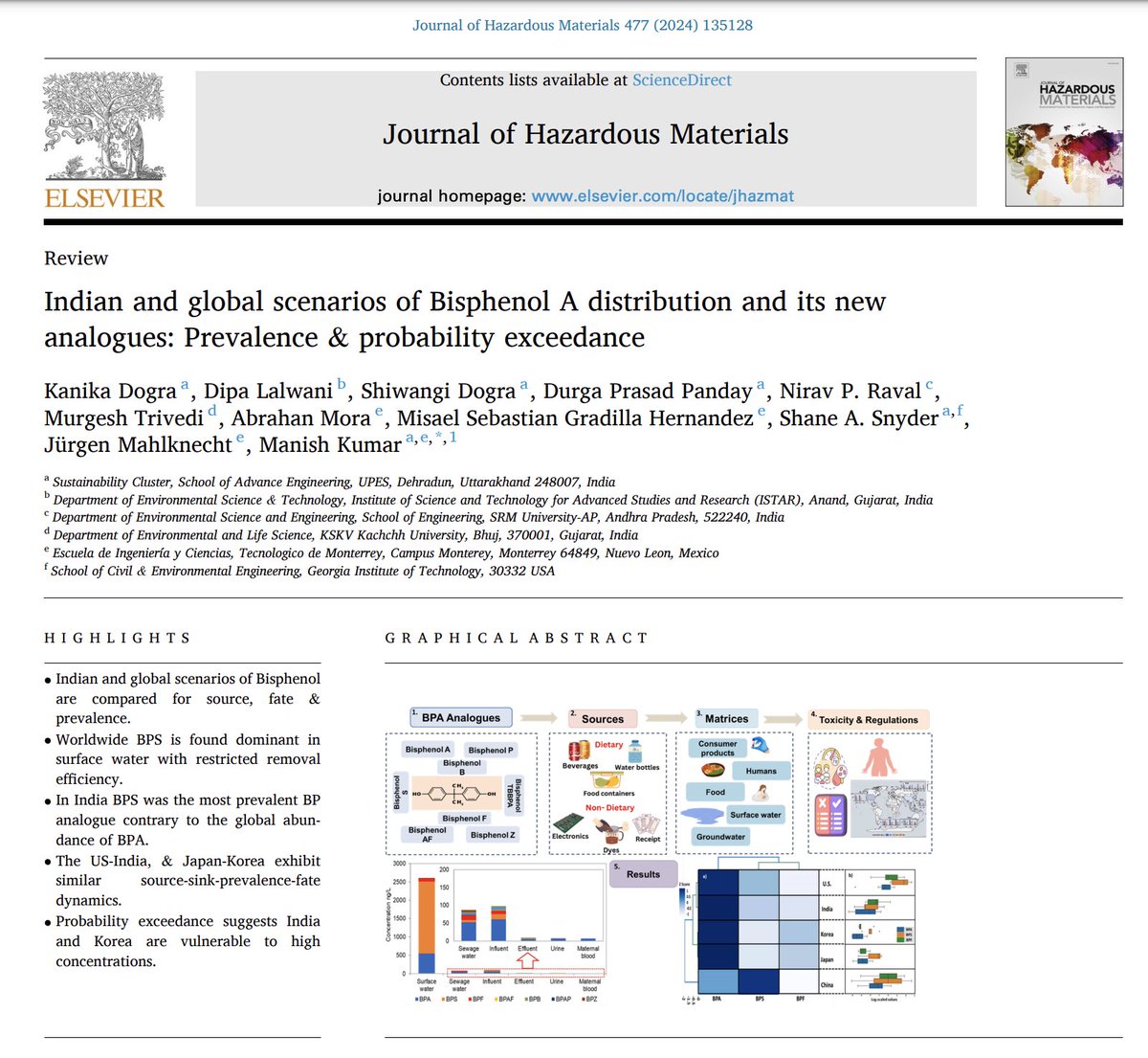 📢 Publication Dissemination:

We are pleased to share our article ''Indian and global Scenarios of Bisphenols A distribution and its new analogues: Prevalence &amp; Probability Exceedance'' 

💠 Validity of link: Forever^^ #Openaccess
doi.org/10.1016/j.jhaz…